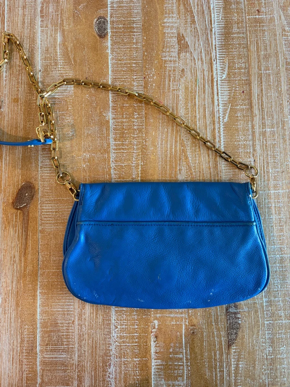 Tory Burch Amanda Foldover Messenger Bag Blue Leather Gold Chain Crossbody